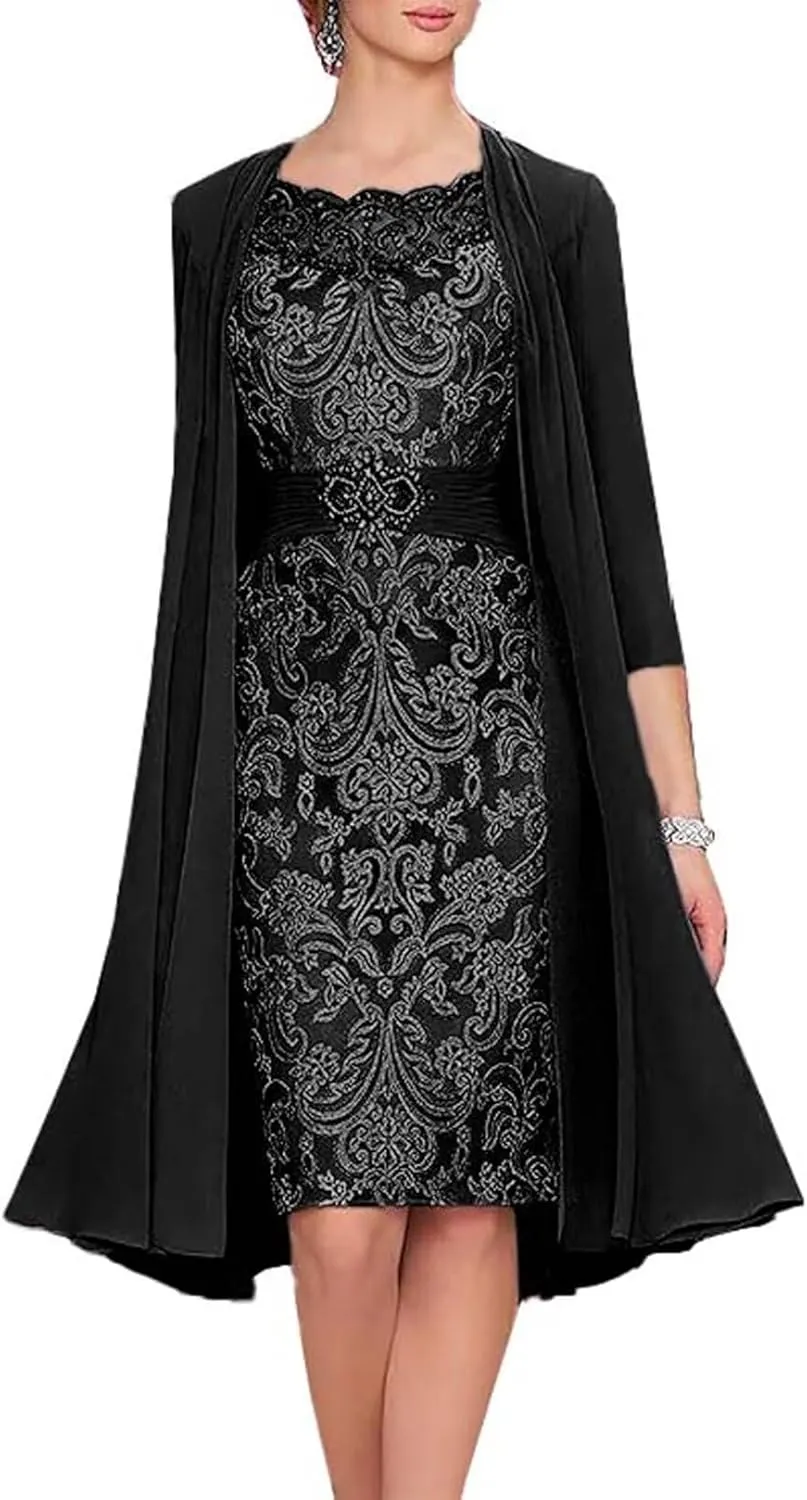 2 Pieces Tea Length Mother of The Bride Dresses for Wedding Long Formal Dress Elegant Evening Gowns with Jacket