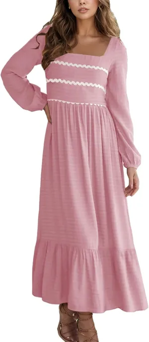 2025 Spring Summer Womens Square Neck Maxi Dress Smoked Long Sleeve Ruffle Hem Flowy Long Maxi Dress