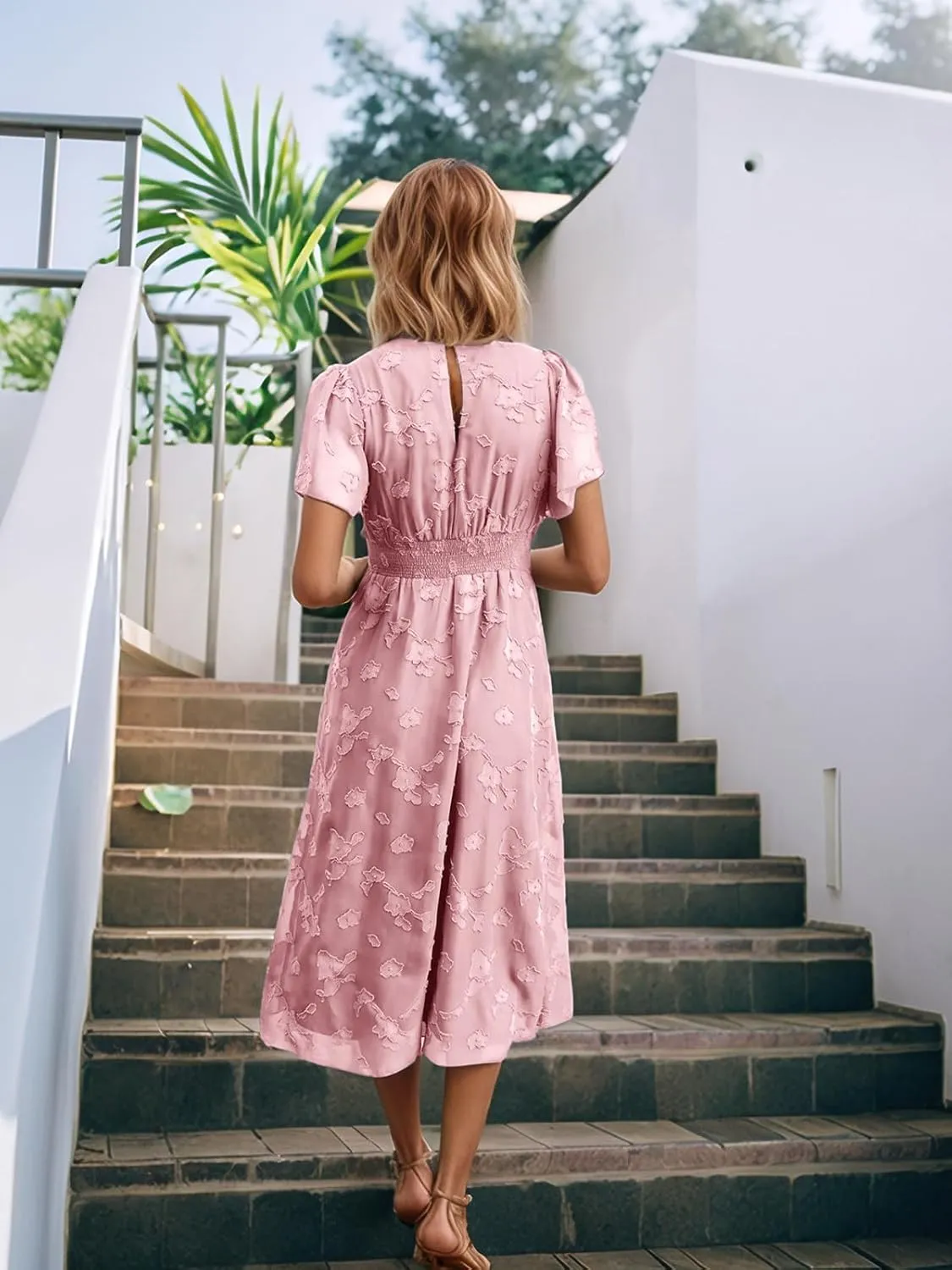2025 Spring Summer Womens Square Neck Maxi Dress Smoked Long Sleeve Ruffle Hem Flowy Long Maxi Dress