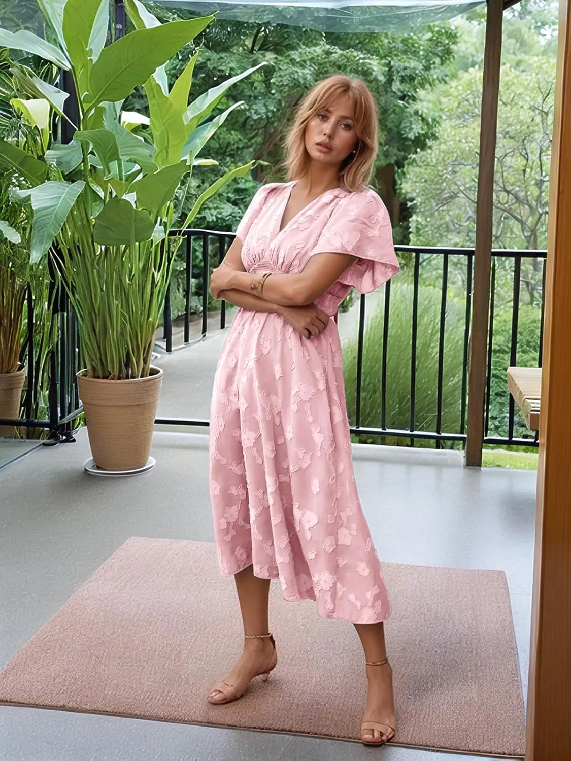2025 Spring Summer Womens Square Neck Maxi Dress Smoked Long Sleeve Ruffle Hem Flowy Long Maxi Dress
