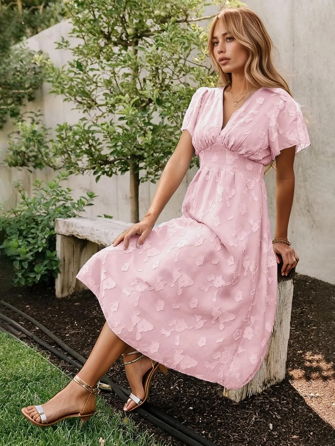 2025 Spring Summer Womens Square Neck Maxi Dress Smoked Long Sleeve Ruffle Hem Flowy Long Maxi Dress
