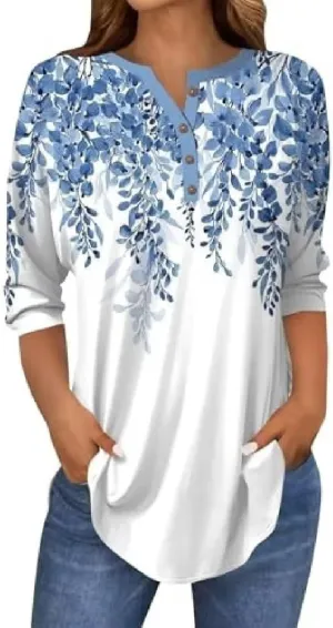 3/4 Length Sleeve Womens Tops 2025 Floral Button Up V Neck Spring Hippie Top Loose Fit Western Boho Shirts