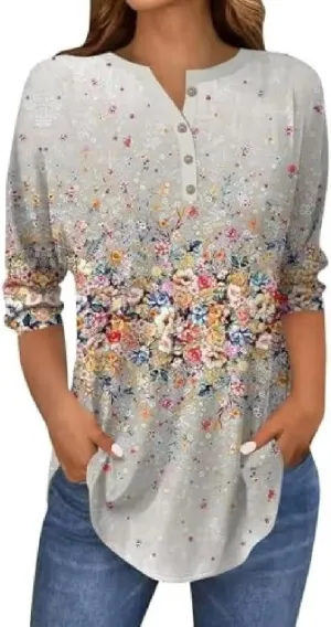 3/4 Length Sleeve Womens Tops 2025 Floral Button Up V Neck Spring Hippie Top Loose Fit Western Boho Shirts