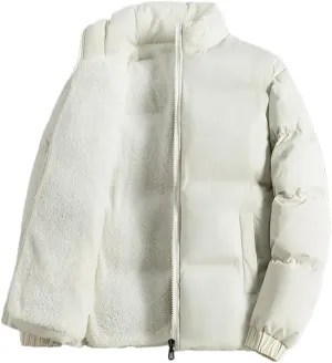 Adhdyuud Men Jacket Fleece Thickened Cotton Padded Jackets Casual Stand Collar Coats With Zipper Pocket Beige XL (60kg-65kg)