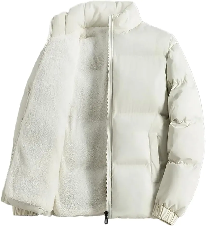 Adhdyuud Men Jacket Fleece Thickened Cotton Padded Jackets Casual Stand Collar Coats With Zipper Pocket Beige XL (60kg-65kg)