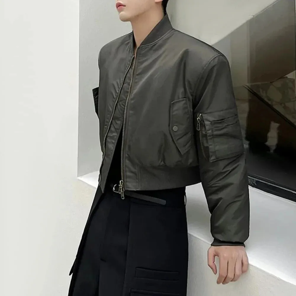 Aidase Mens Autumn Winter Casual Solid Color Thickened Pocket Short Jacket Genderless Korean Style Retro Trend Biker Jacket Unisex