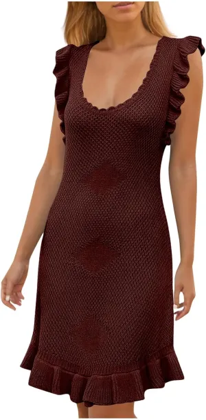 Akklian Womens Summer Mini Dresses Casual Scoop Neck Knitted Ruffle Hem Bodycon Tank Sundress Elegant Crochet Beach Dress