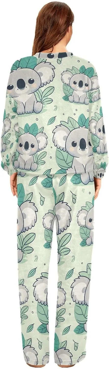 ALAZA Cute Cartoon Koala Grey Green Women's Pajama Set Long Sleeve Top Drawstring Pockets Pants Warm Cozy Loungewear,S