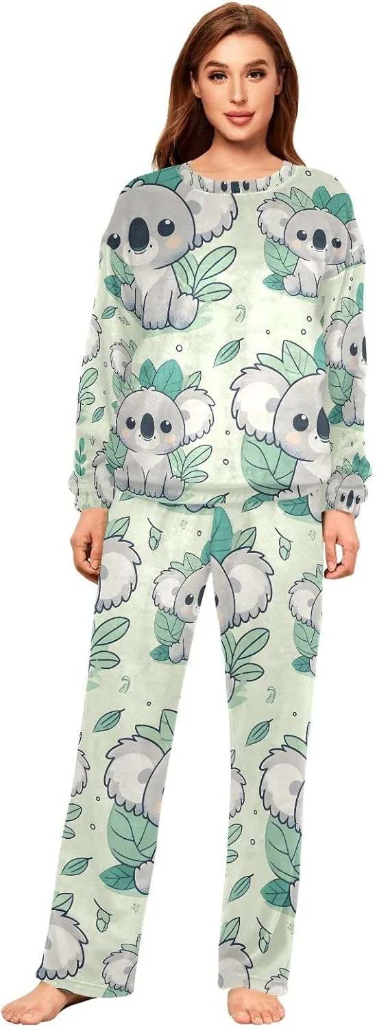 ALAZA Cute Cartoon Koala Grey Green Women's Pajama Set Long Sleeve Top Drawstring Pockets Pants Warm Cozy Loungewear,S