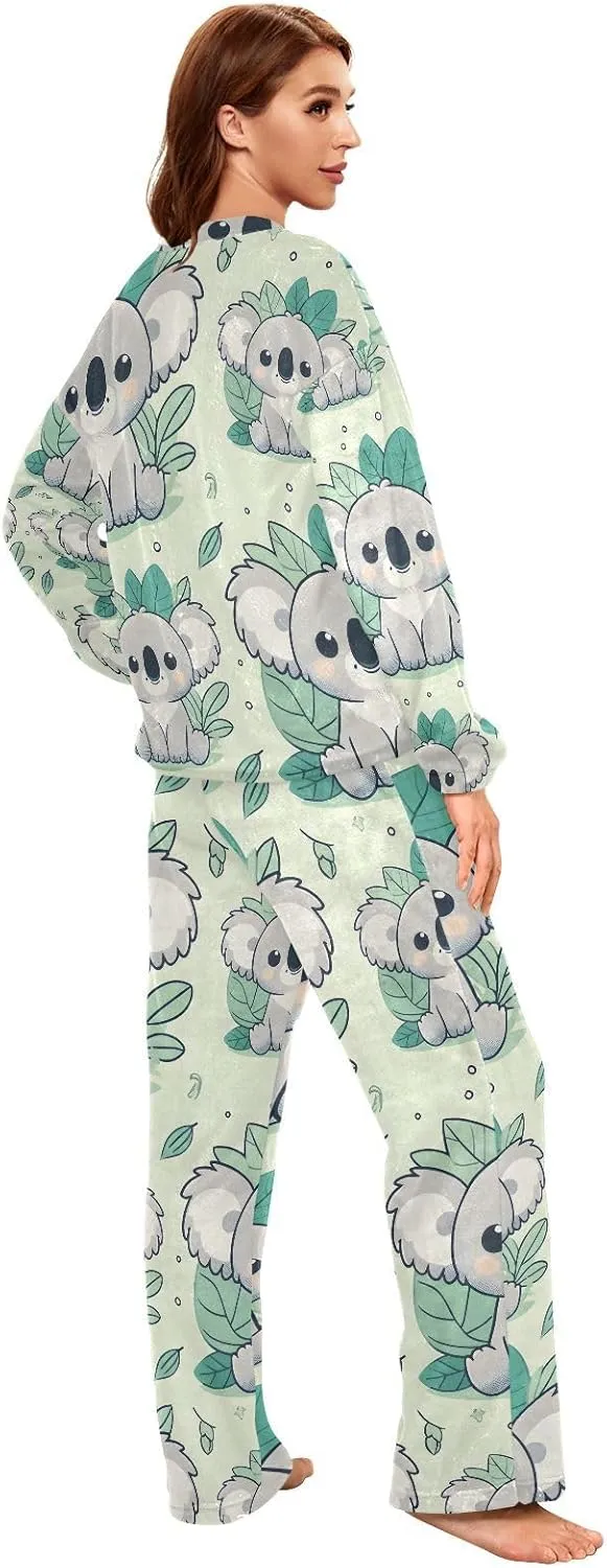 ALAZA Cute Cartoon Koala Grey Green Women's Pajama Set Long Sleeve Top Drawstring Pockets Pants Warm Cozy Loungewear,S