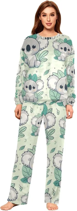ALAZA Cute Cartoon Koala Grey Green Women's Pajama Set Long Sleeve Top Drawstring Pockets Pants Warm Cozy Loungewear,S