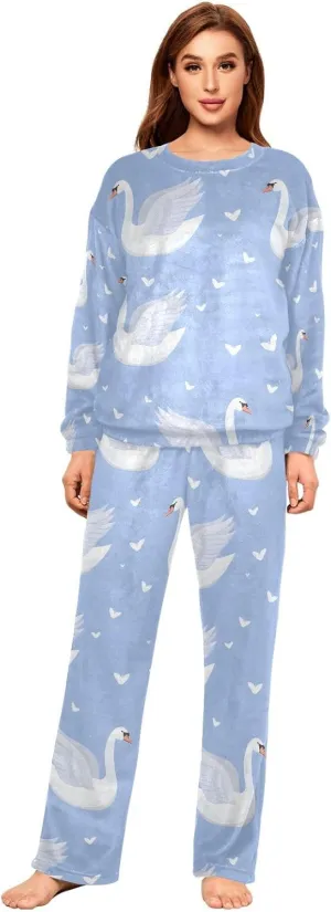 ALAZA Cute Swans and Hearts Purple Women's Pajama Set Long Sleeve Top Drawstring Pockets Pants Warm Cozy Loungewear,S