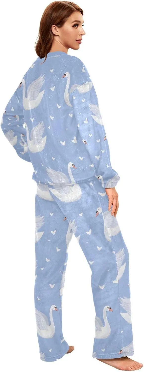 ALAZA Cute Swans and Hearts Purple Women's Pajama Set Long Sleeve Top Drawstring Pockets Pants Warm Cozy Loungewear,S