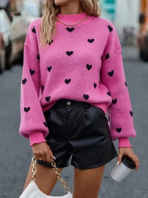 All over heart sweater [sand, hot pink and black]