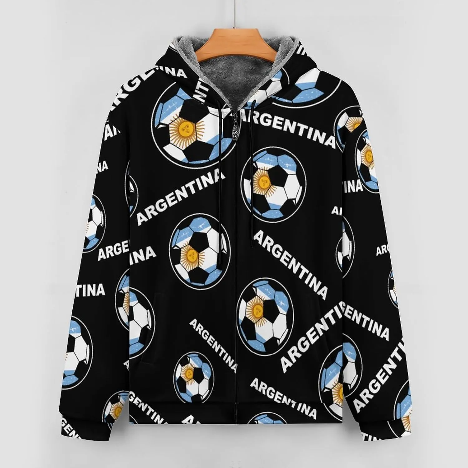 Argentina Football Soccer Men's Zippered Hoodies Heavyweight Hooded Sweatshirt Jacket Thick Warm Coat