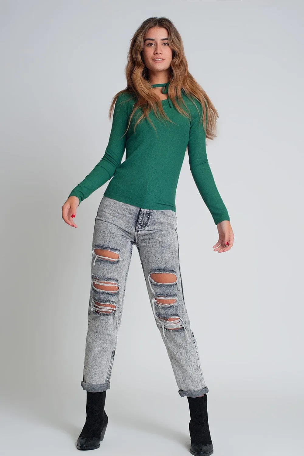 Asymmetric Neck Sweater In Green