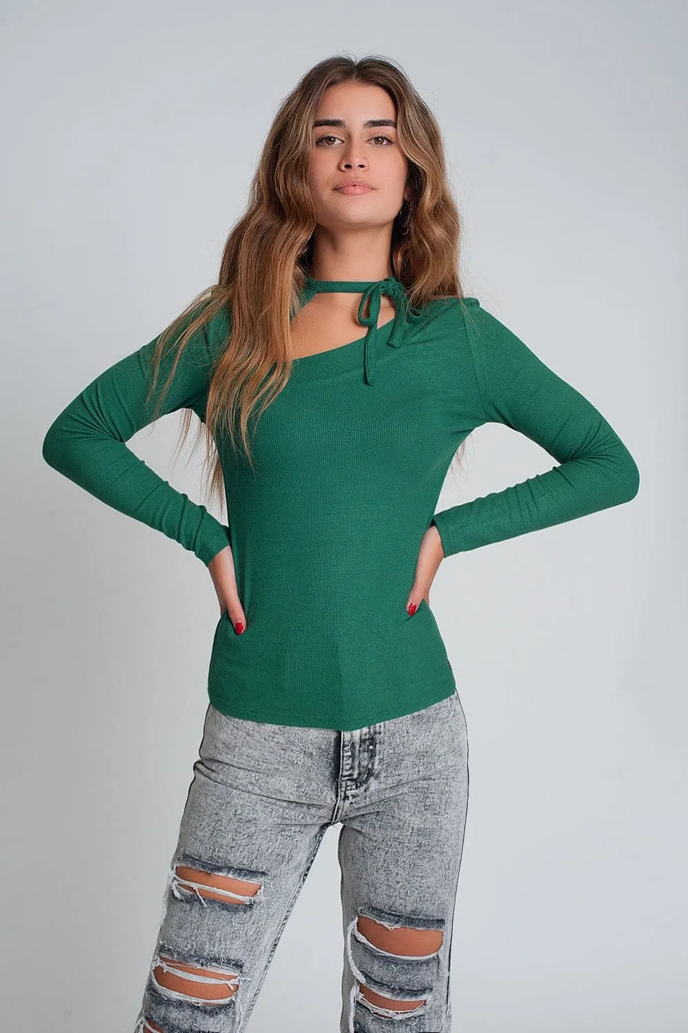 Asymmetric Neck Sweater In Green