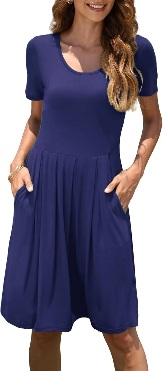 AUSELILY Women Summer Short Sleeve Pleated Dress, Fashion Loose Swing Knee Length Comfortable Peplum Skirt