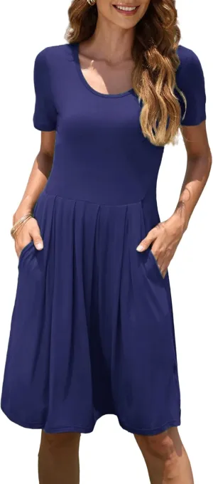 AUSELILY Women Summer Short Sleeve Pleated Dress, Fashion Loose Swing Knee Length Comfortable Peplum Skirt