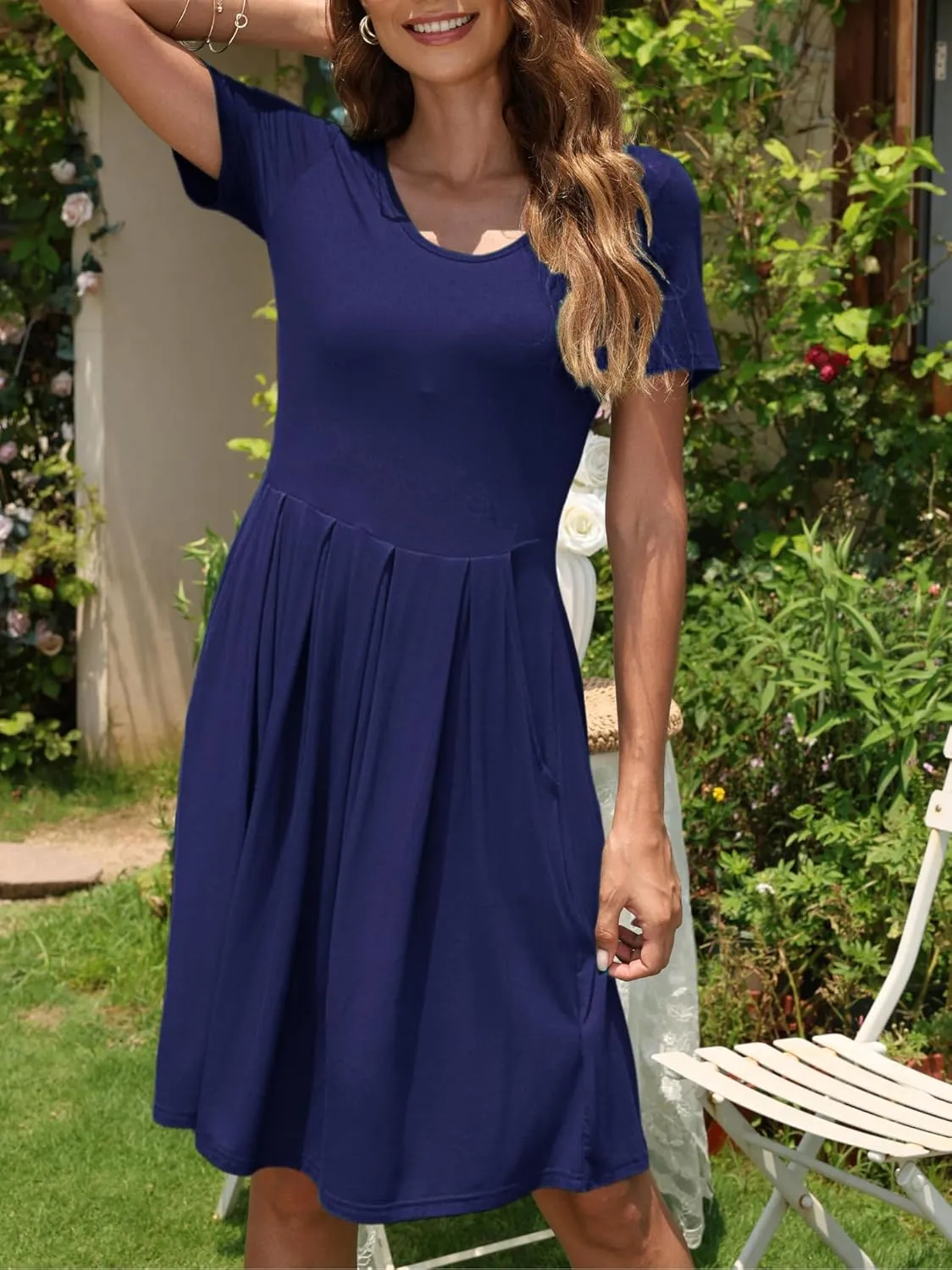 AUSELILY Women Summer Short Sleeve Pleated Dress, Fashion Loose Swing Knee Length Comfortable Peplum Skirt