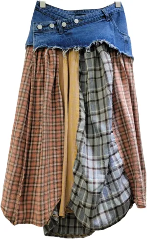 BAIMORE Women's High Waist Plaid Patchwork Pleated Hem A Line Denim Midi Skirt