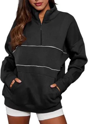 BLENCOT Women's Casual Striped Half Zip Up Drop Shoulder Sweatshirt Oversized Long Sleeve Pullover Tops with Pockets