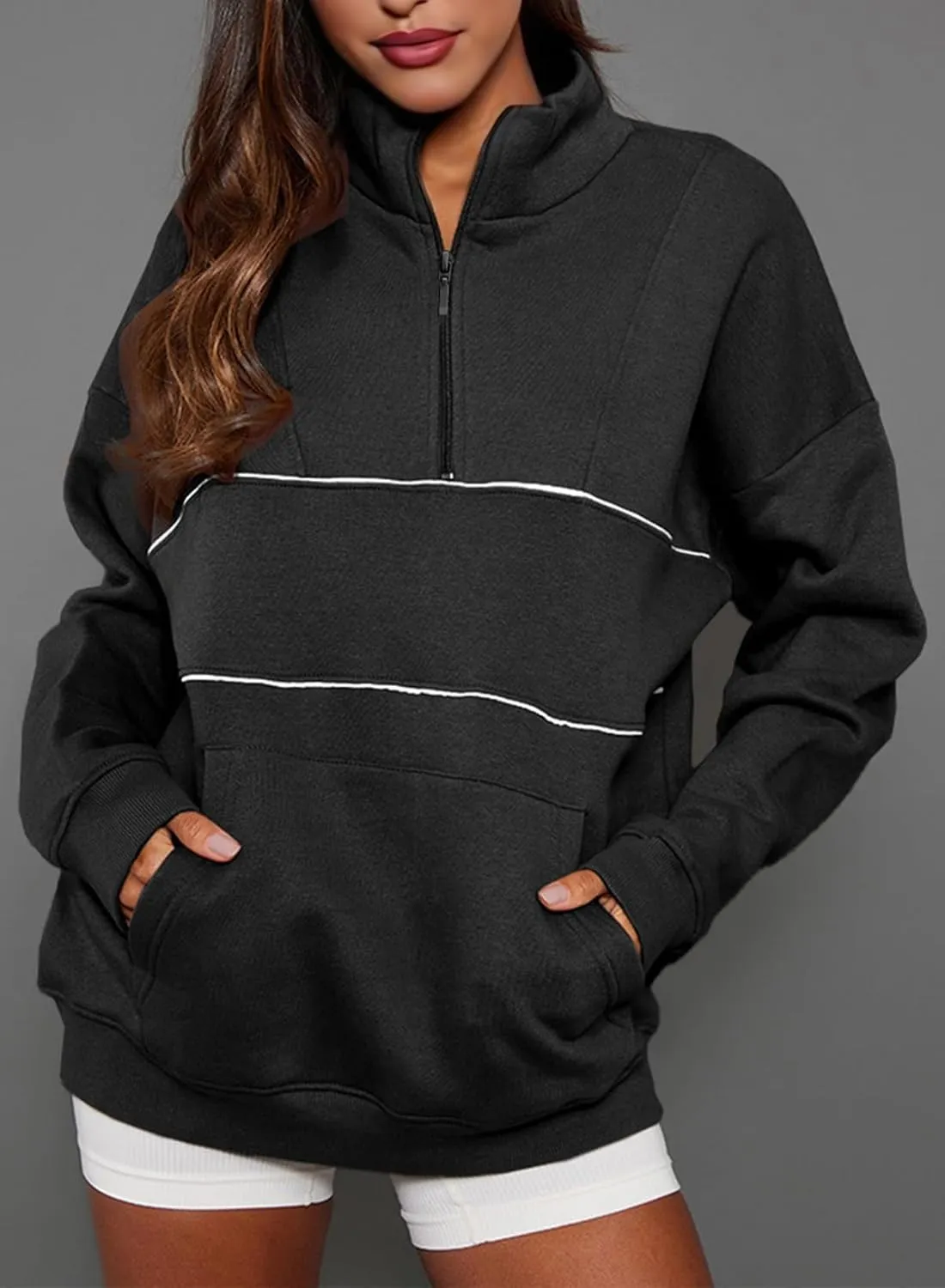 BLENCOT Women's Casual Striped Half Zip Up Drop Shoulder Sweatshirt Oversized Long Sleeve Pullover Tops with Pockets