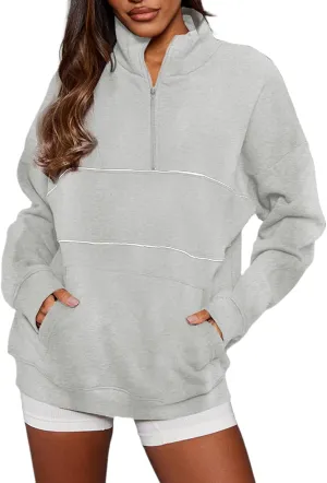 BLENCOT Women's Casual Striped Half Zip Up Drop Shoulder Sweatshirt Oversized Long Sleeve Pullover Tops with Pockets
