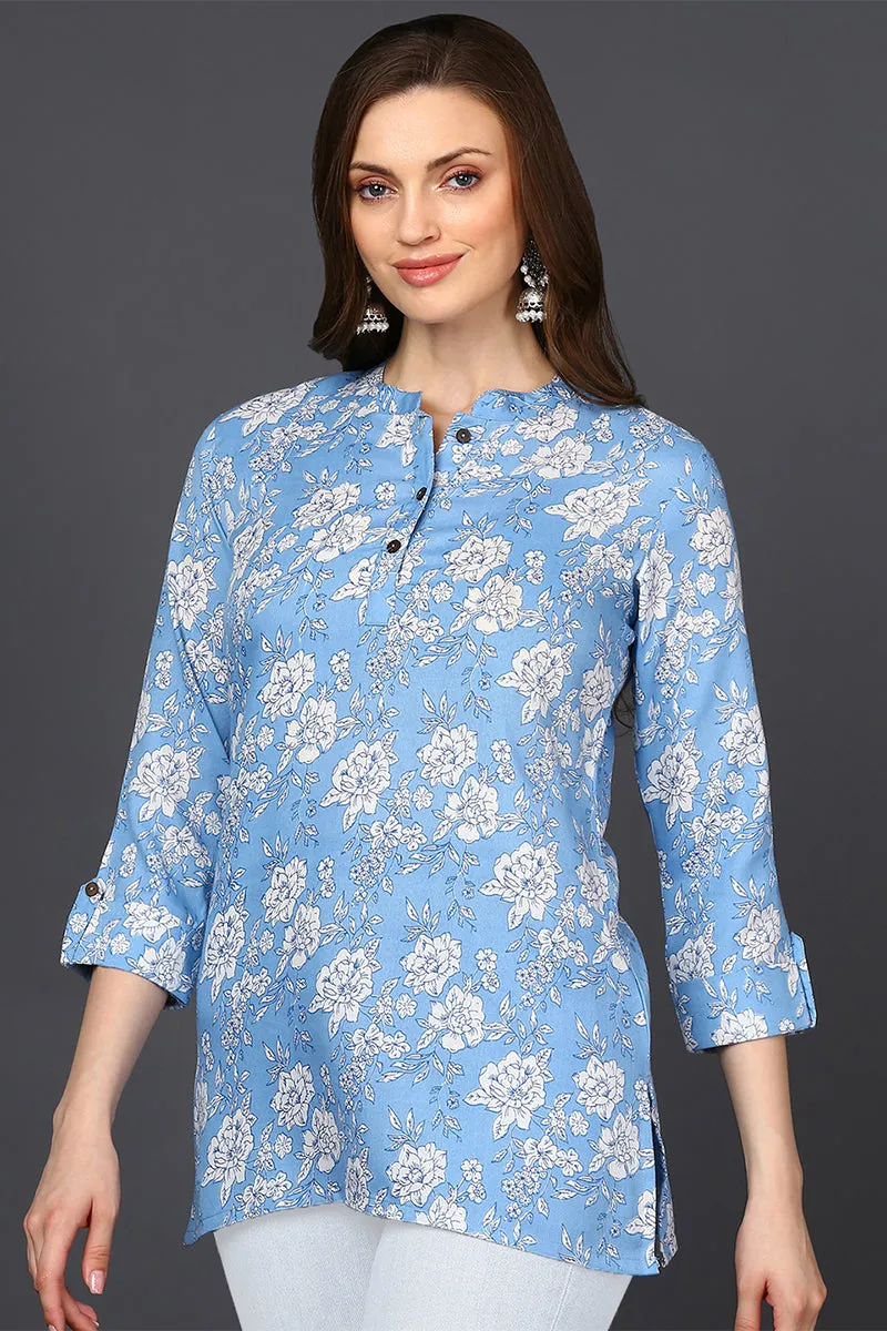Blue Cotton Blend White Floral Printed Tunic Top