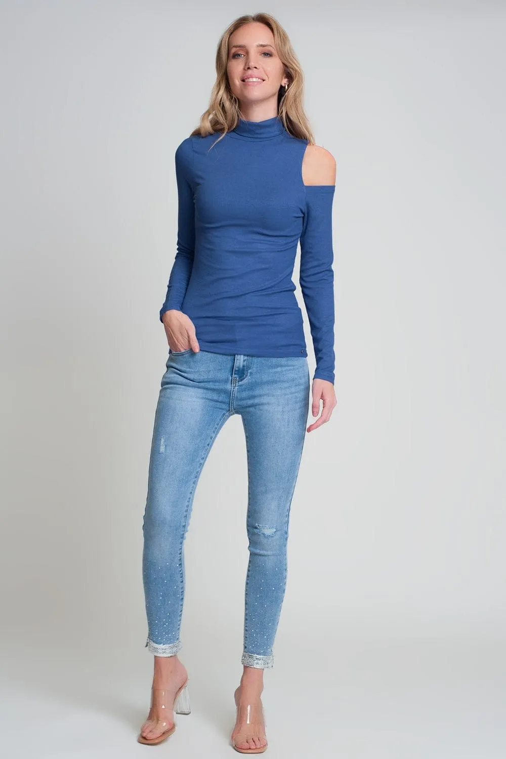 Blue Sweater With One Open Shoulder And High Neck