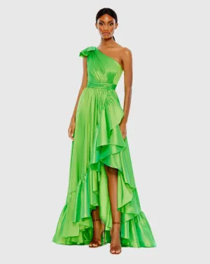 Bow one-shoulder ruffle asymmetrical hem gown - Spring Green