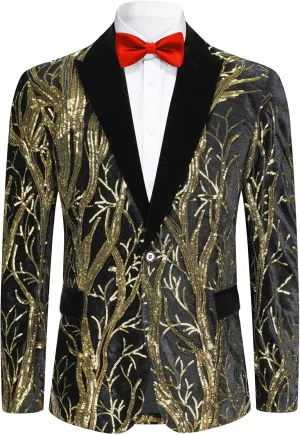 Boyland Men's Tux Dress Blazer Gold Sequins Floral Suit Party Dinner Prom Slim Fit Stylish Blazer Sport Coat
