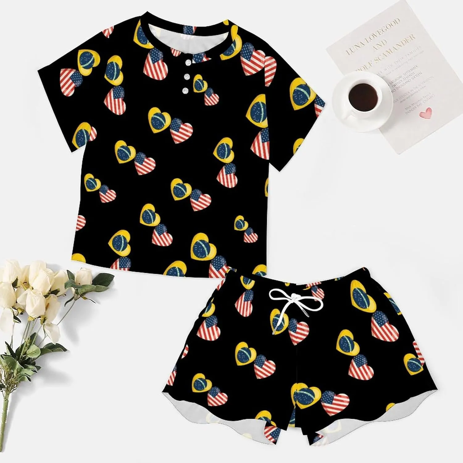 Brazilian Flag And American Flag Women's Pajama Sets Short Sleeve Shirt And Shorts Cozy Sleepwear Loungewear Pjs
