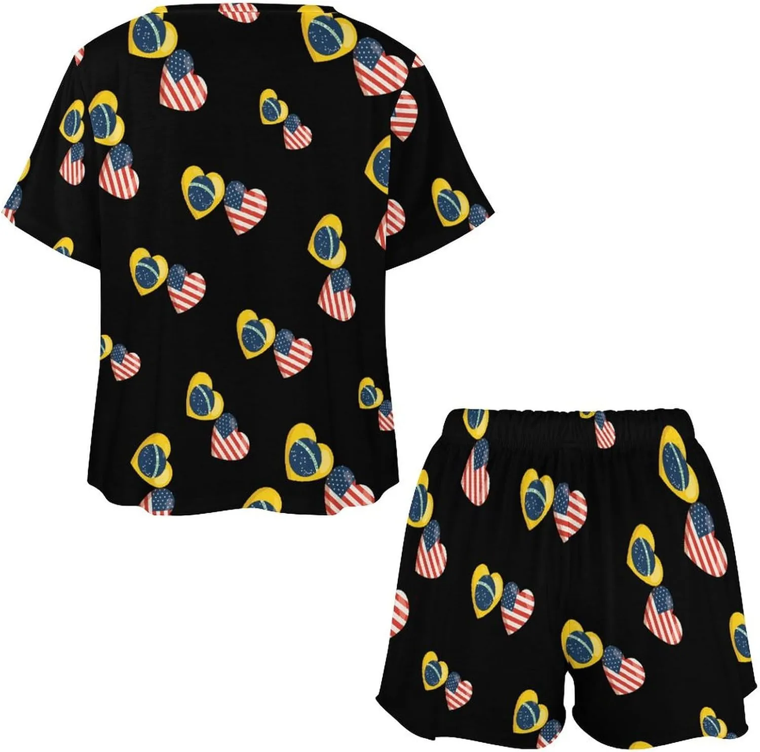 Brazilian Flag And American Flag Women's Pajama Sets Short Sleeve Shirt And Shorts Cozy Sleepwear Loungewear Pjs