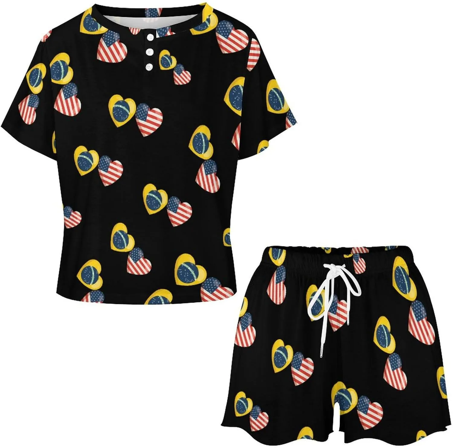 Brazilian Flag And American Flag Women's Pajama Sets Short Sleeve Shirt And Shorts Cozy Sleepwear Loungewear Pjs