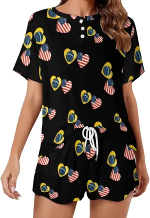 Brazilian Flag And American Flag Women's Pajama Sets Short Sleeve Shirt And Shorts Cozy Sleepwear Loungewear Pjs