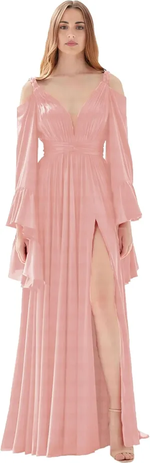 Bridesmaid Dresses for Women 2025 Long Sleeves Long Prom Dress Elegant Chiffon Formal Evening Gown SP034