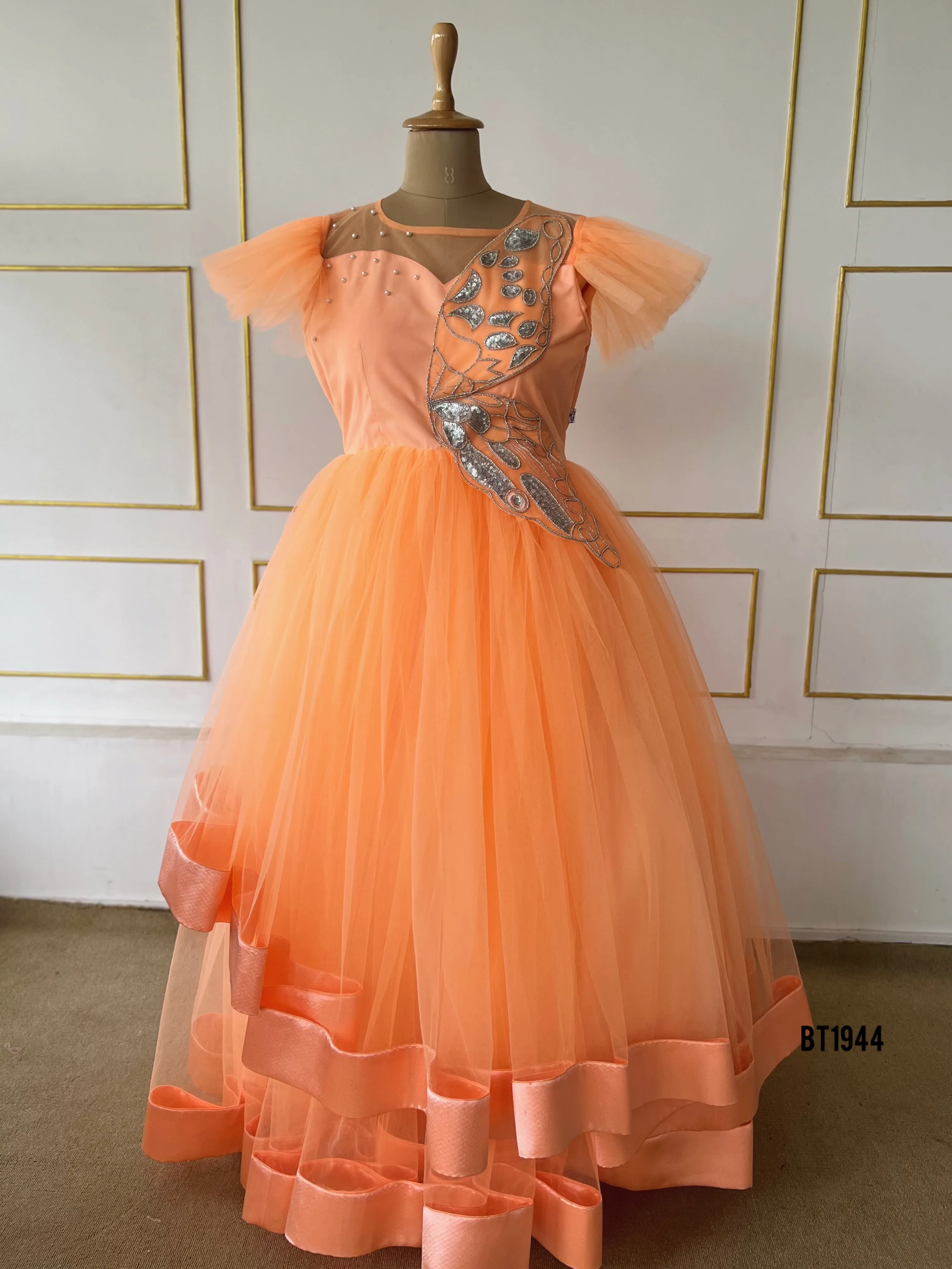 BT1944 Elegant Orange Mom-Baby Dress Set