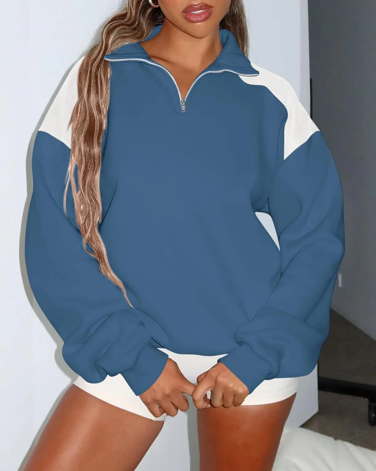 BTFBM Quarter Zip Sweatshirts For Women 2024 Fall Fashion Long Sleeve Color Block Casual Y2k Activewear Pullover Tops