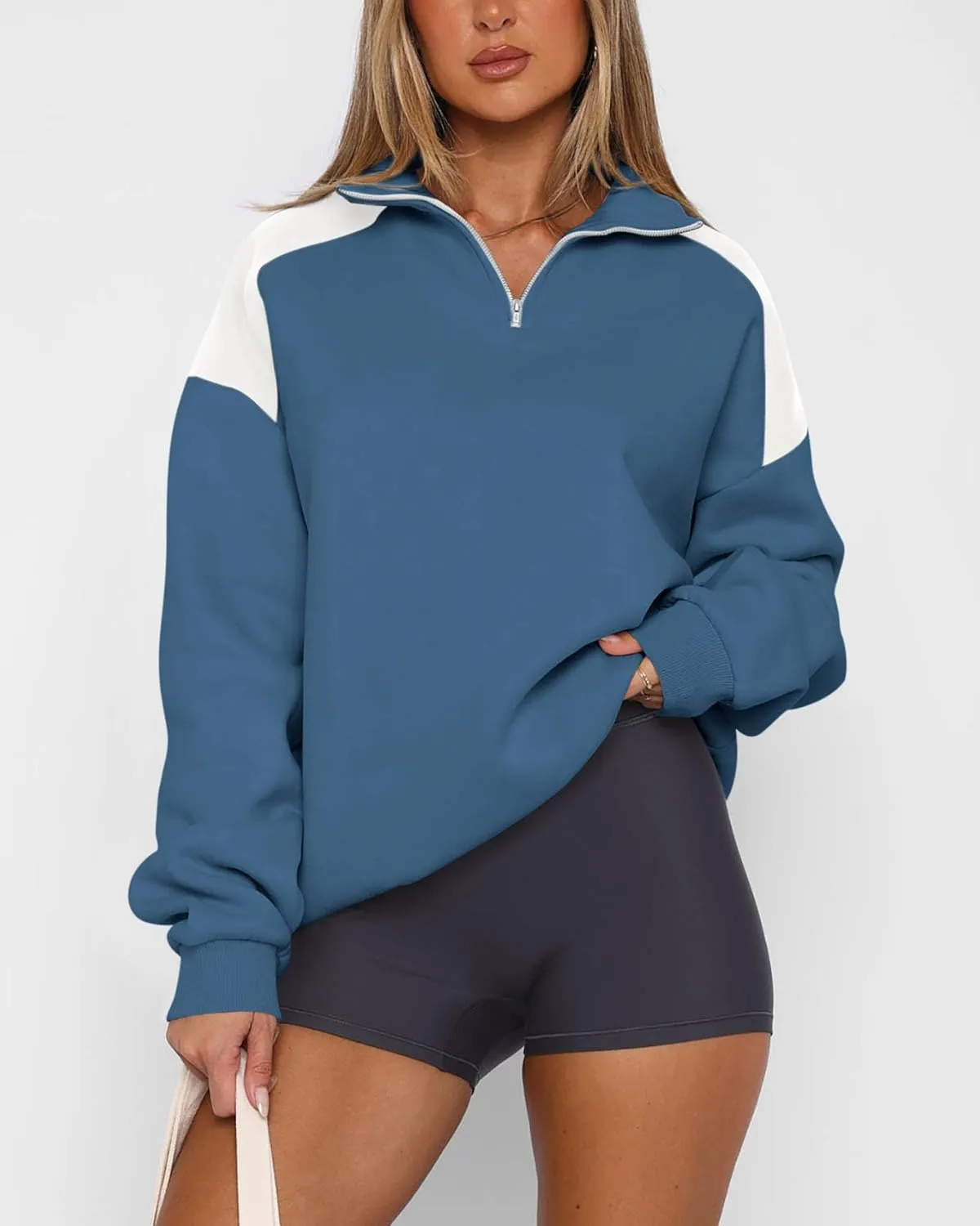 BTFBM Quarter Zip Sweatshirts For Women 2024 Fall Fashion Long Sleeve Color Block Casual Y2k Activewear Pullover Tops