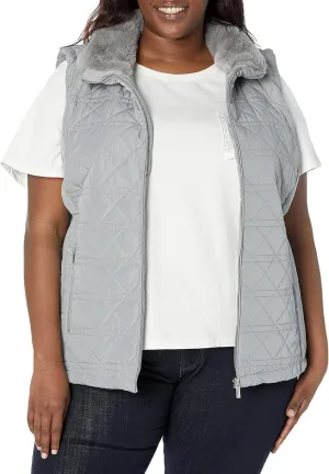 Calvin Klein Women's Plus Size Silver Hardwear Quilted Cozy Fur Collar Everyday Vest