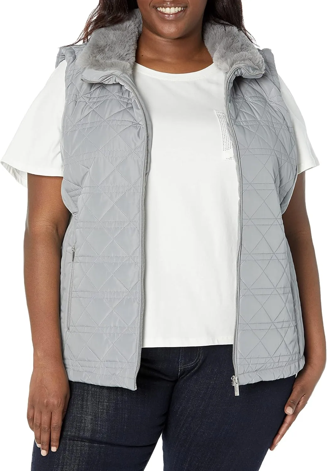 Calvin Klein Women's Plus Size Silver Hardwear Quilted Cozy Fur Collar Everyday Vest