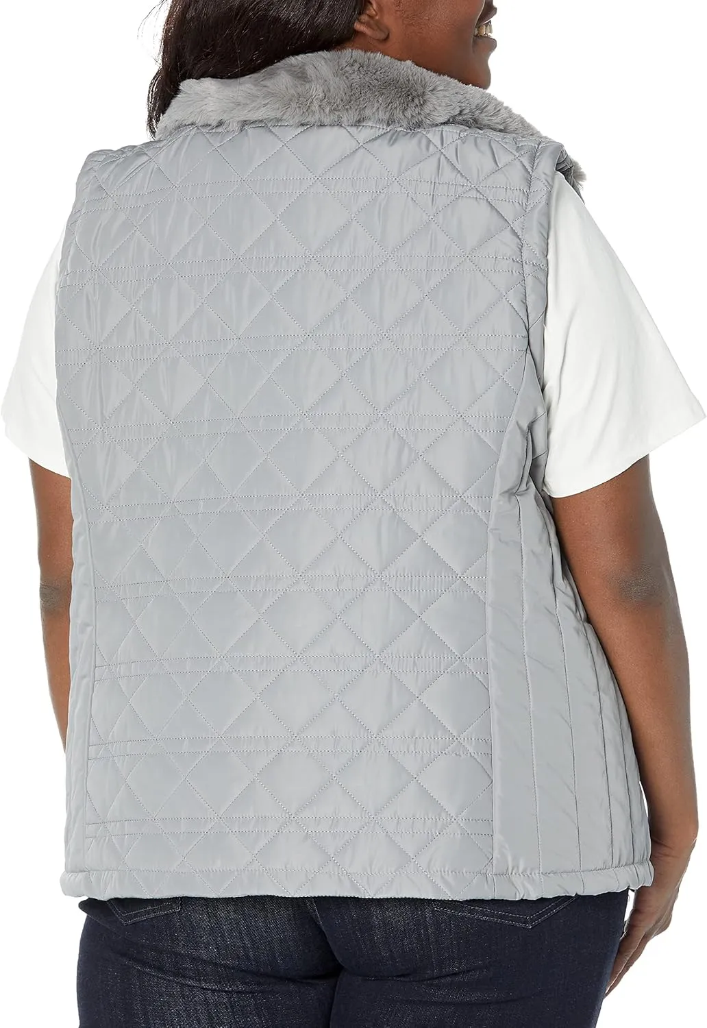 Calvin Klein Women's Plus Size Silver Hardwear Quilted Cozy Fur Collar Everyday Vest