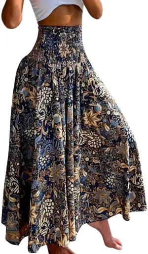 chouyatou Women's Smocked Waist Paisley Floral Boho Swing Skirt Bohemian Beach Vacation Midi Long Skirt