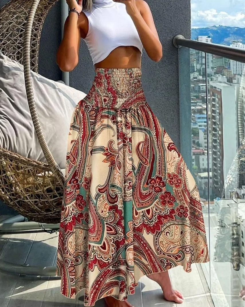 chouyatou Women's Smocked Waist Paisley Floral Boho Swing Skirt Bohemian Beach Vacation Midi Long Skirt
