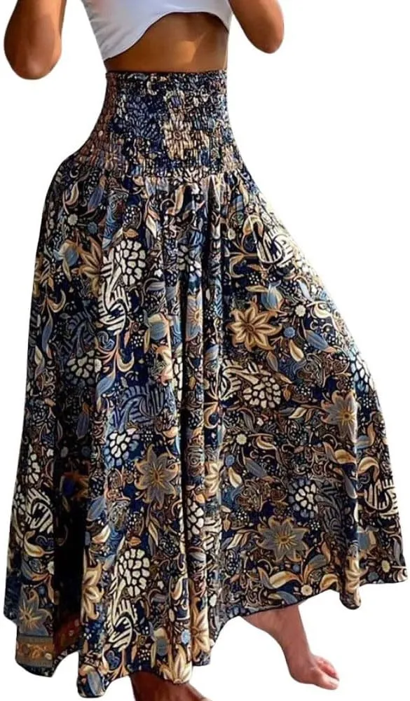 chouyatou Women's Smocked Waist Paisley Floral Boho Swing Skirt Bohemian Beach Vacation Midi Long Skirt