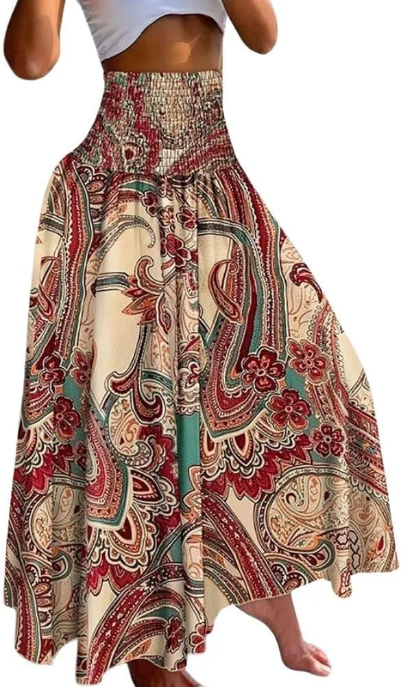 chouyatou Women's Smocked Waist Paisley Floral Boho Swing Skirt Bohemian Beach Vacation Midi Long Skirt