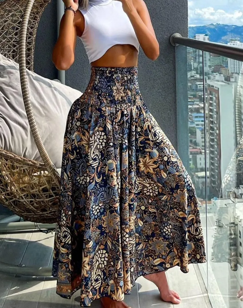 chouyatou Women's Smocked Waist Paisley Floral Boho Swing Skirt Bohemian Beach Vacation Midi Long Skirt
