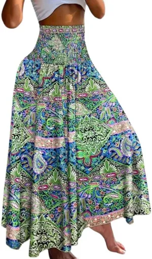 chouyatou Women's Smocked Waist Paisley Floral Boho Swing Skirt Bohemian Beach Vacation Midi Long Skirt