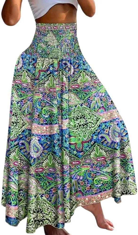 chouyatou Women's Smocked Waist Paisley Floral Boho Swing Skirt Bohemian Beach Vacation Midi Long Skirt